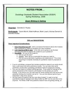 NOTES FROM… Sociology Graduate Student Association (SGSA) Spring Workshop, 2006 Grant Writing & Getting  Organizer: Danielle S. Rudes