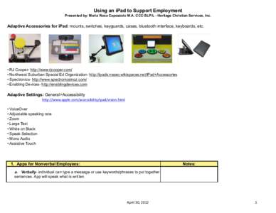 Using an iPad to Support Employment Presented by: Maria Rosa Capozzolo M.A. CCC-SLP/L - Heritage Christian Services, Inc. Adaptive Accessories for iPad: mounts, switches, keyguards, cases, bluetooth interface, keyboards,