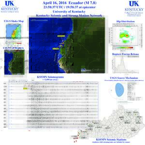 April 16, 2016 Ecuador (M:58:37 UTC / 19:58:37 at epicenter University of Kentucky Kentucky Seismic and Strong Motion Network USGS Shake Map
