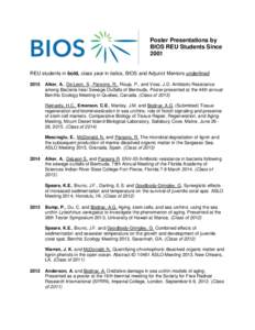 Poster Presentations by BIOS REU Students Since 2001 REU students in bold, class year in italics, BIOS and Adjunct Mentors underlined 2015