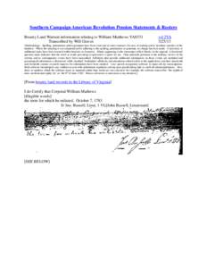 Southern Campaign American Revolution Pension Statements & Rosters Bounty Land Warrant information relating to William Matthews VAS531 Transcribed by Will Graves vsl 2VA[removed]