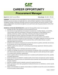 CAREER OPPORTUNITY Procurement Manager Reports To: Chief Financial Officer Salary Range: $51,248 – $79,343