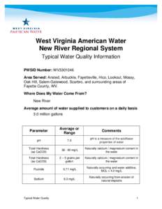 West Virginia American Water New River Regional System Typical Water Quality Information PWSID Number: WV3301046 Area Served: Ansted, Arbuckle, Fayetteville, Hico, Lookout, Mossy, Oak Hill, Salem-Gatewood, Scarbro, and s