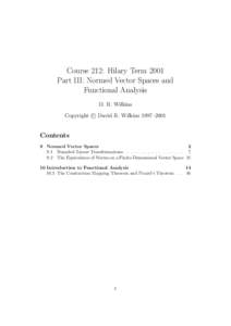 Course 212: Hilary Term 2001 Part III: Normed Vector Spaces and Functional Analysis D. R. Wilkins c David R. Wilkins 1997–2001 Copyright