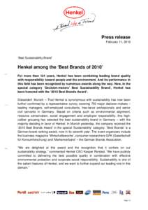 Press release February 11, 2010 ‘Best Sustainability Brand’  Henkel among the ‘Best Brands of 2010’
