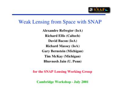 Weak Lensing from Space with SNAP Alexandre Refregier (IoA) Richard Ellis (Caltech) David Bacon (IoA) Richard Massey (IoA) Gary Bernstein (Michigan)
