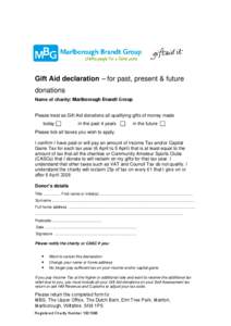 Gift Aid declaration – for past, present & future donations Name of charity: Marlborough Brandt Group Please treat as Gift Aid donations all qualifying gifts of money made today