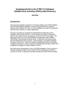 Supplemental file to the O*NET 5.0 Database Detailed Work Activities (DWAs) Data Dictionary April 2003 Introduction This document provides a reference to the files available in the O*NET Detailed