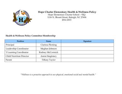 Hope Charter Elementary Health & Wellness Policy Hope Elementary Charter School – 92Q 1116 N. Blount Street, Raleigh, NC[removed]  Health & Wellness Policy Committee Membership