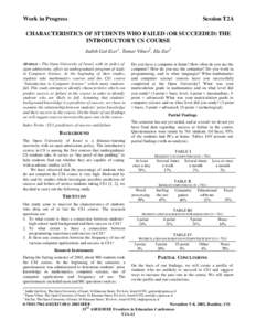 Work in Progress  Session T2A CHARACTERISTICS OF STUDENTS WHO FAILED (OR SUCCEEDED) THE INTRODUCTORY CS COURSE