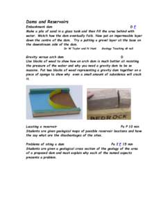Dams and Reservoirs Embankment dam D F Make a pile of sand in a glass tank and then fill the area behind with water. Watch how the dam eventually fails. Now put an impermeable layer down the centre of the dam. Try a putt