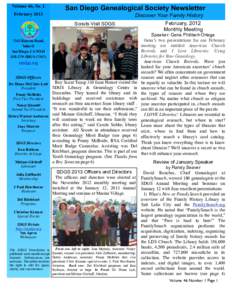 Volume 46, No. 1 February 2013 San Diego Genealogical Society Newsletter Scouts Visit SDGS