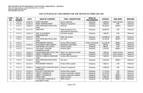 DEPARTMENT OF ENVIRONMENT AND NATURAL RESOURCES – REGION 1 GOV’T CENTER, SEVILLA, SAN FERNANDO CITY, LA UNION GENERAL SERVICES SECTION PROCUREMENT SECTION  LIST OF PURCHASE / JOB ORDERS FOR THE MONTH OF FEBRUARY 2013