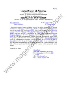 Page 1 Department of Commerce and Labor Bureau of Immigration and Naturalization Division of Naturalization  DECLARATION OF INTENTION