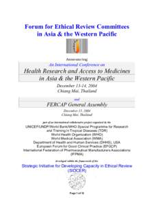 Forum for Ethical Review Committees in Asia & the Western Pacific Announcing  An International Conference on