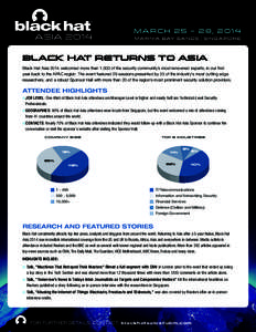 MARCH 25 – 28, 2014 MARNIA BAY SANDS | SINGAPORE BLACK HAT RETURNS TO ASIA Black Hat Asia 2014 welcomed more than 1,000 of the security community’s most renowned experts, in our first year back to the APAC region. Th