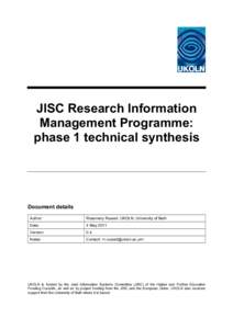 JISC Research Information Management Programme: phase 1 technical synthesis Document details Author: