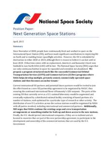 Position Paper:  Next Generation Space Stations April, 2015 Summary