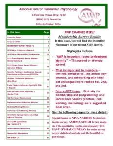 Association for Women in Psychology A Feminist Voice Since 1969 SPRING 2012 Newsletter Kathy McCloskey, Editor In this Issue: