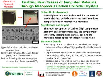 March 2013 Research Highlight Enabling New Classes of Templated Materials Through Mesoporous Carbon Colloidal Crystals