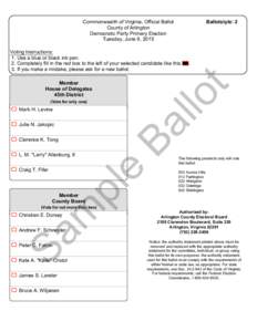 Commonwealth of Virginia, Official Ballot County of Arlington Democratic Party Primary Election Tuesday, June 9, 2015  Ballotstyle: 2