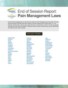 During the 2015 legislative term, the American Academy of Pain Management and the State Pain Policy Advocacy Network (SPPAN) have been tracking 1,321 pain-related bills in all fifty states, D.C., and federally. Of those 