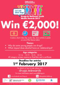 Drugs.ie National Youth Media Awards 2017 Win €2,000! Create a short video clip, audio clip, news article or poster on one of the themes below