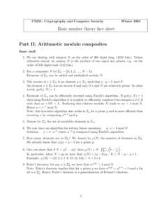 CS255: Cryptography and Computer Security  Winter 2003 Basic number theory fact sheet Part II: Arithmetic modulo composites