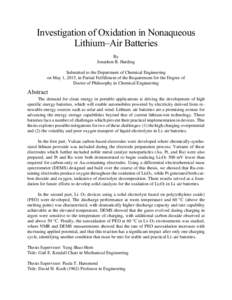 Investigation of Oxidation in Nonaqueous Lithium–Air Batteries By Jonathon R. Harding Submitted to the Department of Chemical Engineering on May 1, 2015, in Partial Fulfillment of the Requirement for the Degree of