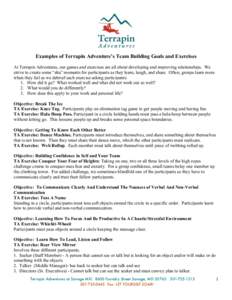 Examples of Terrapin Adventure’s Team Building Goals and Exercises At Terrapin Adventures, our games and exercises are all about developing and improving relationships. We strive to create some “aha” moments for pa
