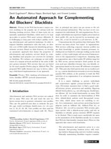 Proceedings on Privacy Enhancing Technologies 2015; ):282–298  David Gugelmann*, Markus Happe, Bernhard Ager, and Vincent Lenders An Automated Approach for Complementing Ad Blockers’ Blacklists