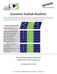 November TBD, 2017  Economic Outlook Breakfast Each year, business leaders in Sangamon County gather at The Chamber’s Economic Outlook Breakfast to learn about the condition of our economy. A nationally recognized econ
