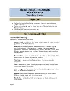 Plains Indian Tipi Activity (Grades K-4) Teacher Guide Objectives  