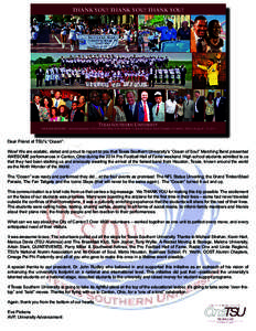 THANK YOU! THANK YOU! THANK YOU!  “OCEAN OF SOUL” Marching Band • 2014 Pro Football Hall of Fame • Grand Timken Steel Parade • Canton, Ohio • August 1-3, 2014 Dear Friend of TSU’s “Ocean”: Wow! We are e