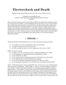 Electroshock and Death Excerpts from Leonard Roy Frank’s The Electroshock Quotationary Published on endofshock.com website of The Campaign to Abolish Electroshock in Texas (CAEST) The tremendous harm caused by electros