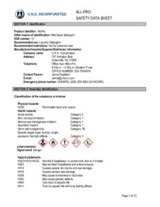ALL-PRO SAFETY DATA SHEET SECTION 1: Identification Product identifier: All-Pro Other means of identification: Mild liquid detergent SDS number: 12