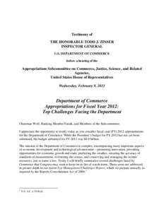 Testimony of THE HONORABLE TODD J. ZINSER INSPECTOR GENERAL U.S. DEPARTMENT OF COMMERCE before a hearing of the