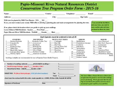 Papio-Missouri River Natural Resources District  Conservation Tree Program Order FormName: _______________________________________ County: ______________ Telephone: ___________ Address: _______________________