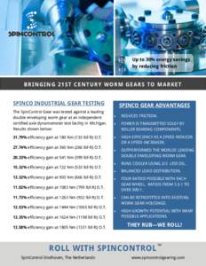Up to 30% energy savings by reducing friction BRINGING 21ST CENTURY WORM GEARS TO MARKET SPINCO INDUSTRIAL GEAR TESTING The SpinControl Gear was tested against a leading