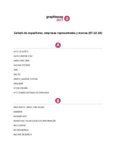 Listado de expositores, empresas representadas y marcasA A.O.E. PLASTICS AGFA GRAPHICS NV AKROCARD 2000