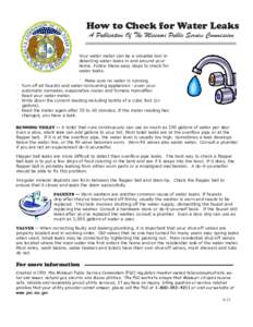 How to Check for Water Leaks A Publication Of The Missouri Public Service Commission Your water meter can be a valuable tool in detecting water leaks in and around your home. Follow these easy steps to check for