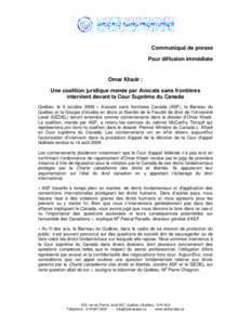 Communiqué : Omar Khadr : Une coalition juridique menée par Avocats sans frontières intervient devant la Cour Suprême du Canada