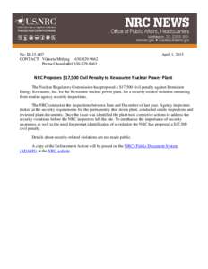 Press Release-II: NRC Proposes $17,500 Penalty to Kewaunee Nuclear Power Plant.