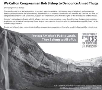 We Call on Congressman Rob Bishop to Denounce Armed Thugs Dear Congressman Bishop: The use of armed force and intimidation to get one’s way in a democracy is the worst kind of bullying. It undermines our freedom and tr