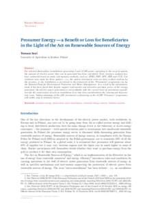 Barometr Regionalny Tom 13 nr 2 Prosumer Energy — a Benefit or Loss for Beneficiaries in the Light of the Act on Renewable Sources of Energy Tomasz Szul