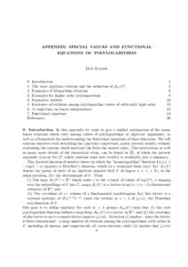 APPENDIX: SPECIAL VALUES AND FUNCTIONAL EQUATIONS OF POLYLOGARITHMS Don Zagier  0. Introduction