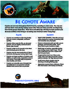 Be Coyote Aware Coyotes are common throughout North America, including in urban areas. You may see and hear them more during mating season (Dec-Feb) and when juveniles are dispersing from family groups (Sept-Nov). These 