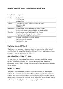 Northlew & Ashbury Primary School News 13th March[removed]Diary for the coming week Monday  Tuesday
