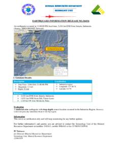 MINERAL RESOURCES DEPARTMENT  Seismology Unit EARTHQUAKE INFORMATION RELEASE NOAn earthquake occurred at 11:00:00 PM local time, 2,424 km ENE from Jakarta, Indonesia.