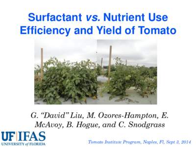 Surfactant vs. Nutrient Use Efficiency and Yield of Tomato G. “David” Liu, M. Ozores-Hampton, E. McAvoy, B. Hogue, and C. Snodgrass Tomato Institute Program, Naples, Fl, Sept 3, 2014